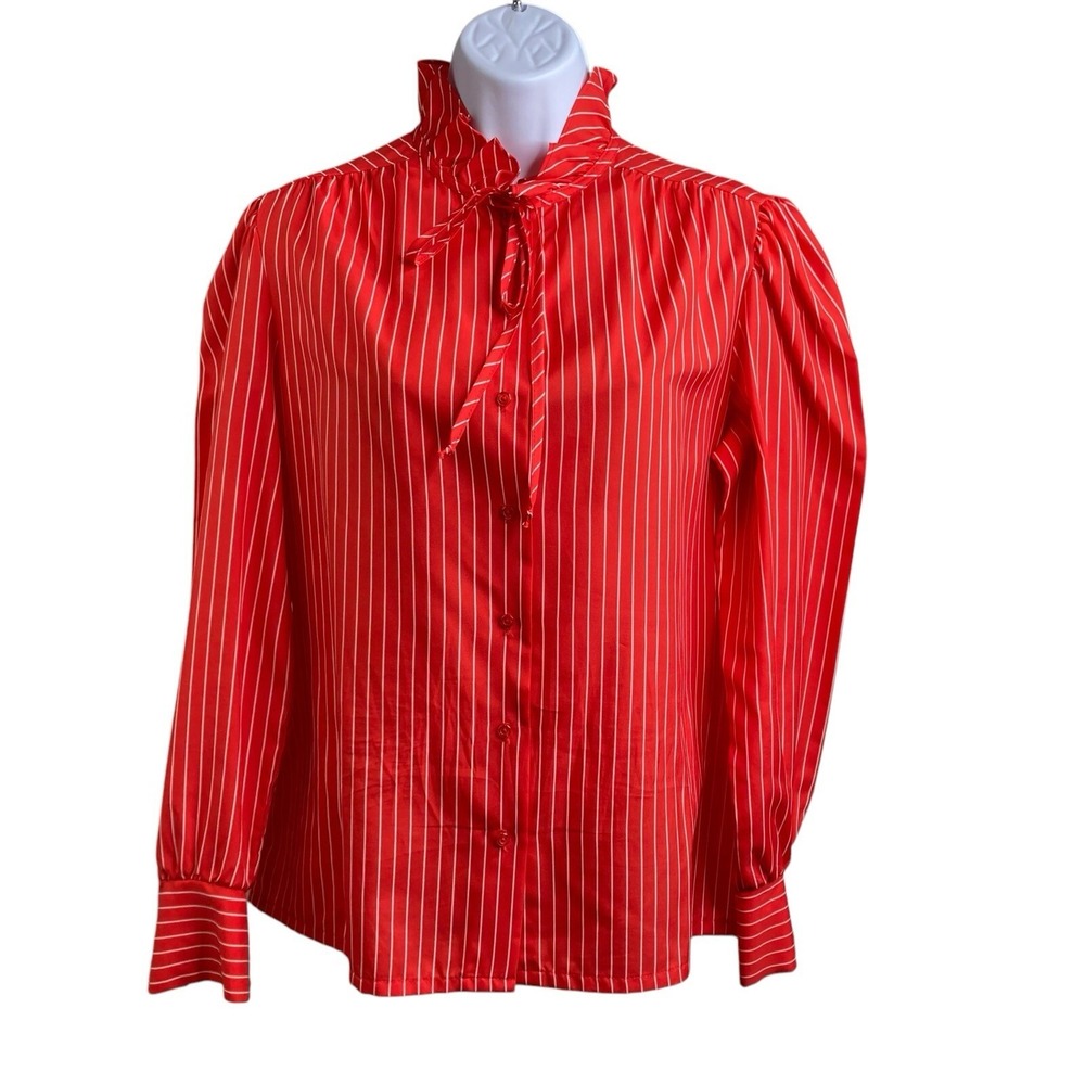 Vintage 70s Jonquil Red Pinstripe Secretary Blouse 14 Puff Sleeve Demure